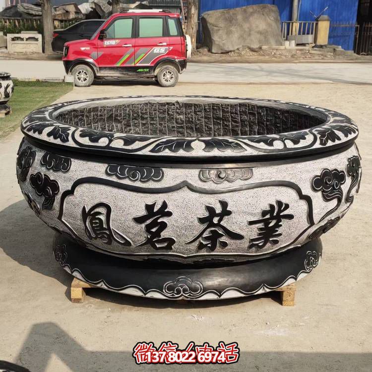 仿古青石荷花水缸，配合庭院戶外，點(diǎn)綴人間養(yǎng)魚園